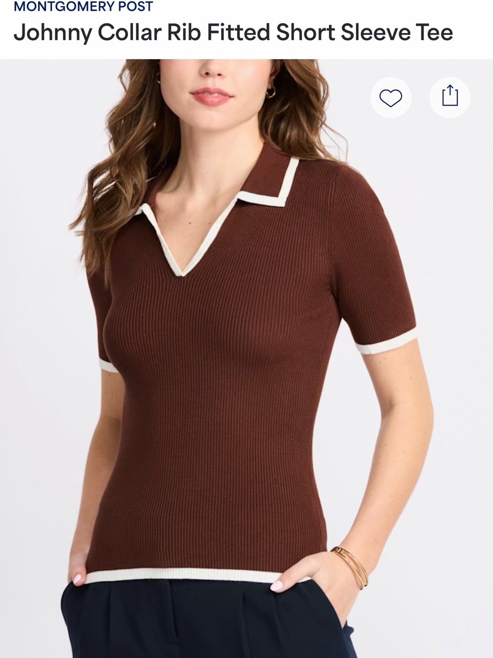 Brown Ribbed Polo Collar Short Sleeve Top